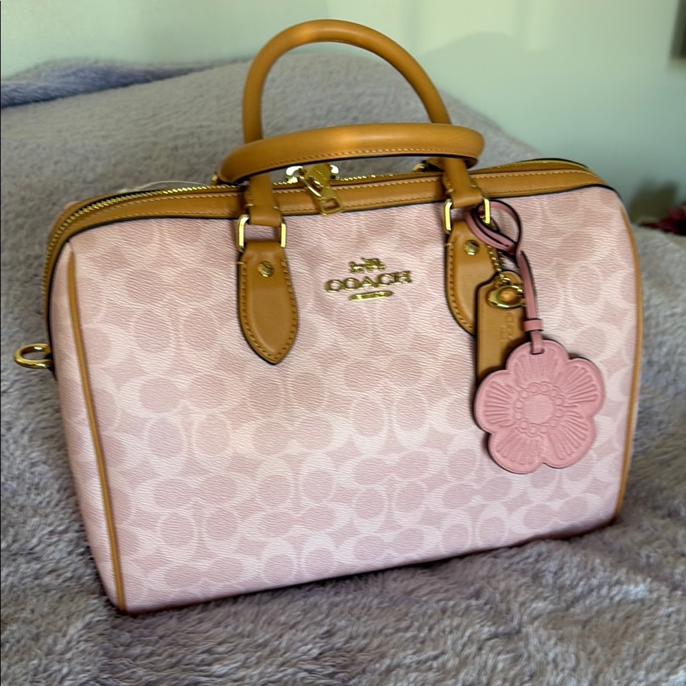 Coach Pink Signature Rowan Satchel with Tan Leather Trim and Flower Charm